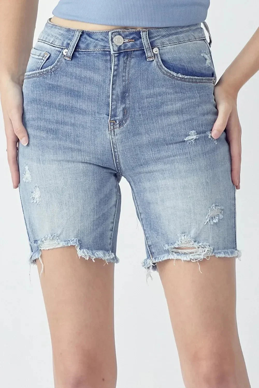 RISEN High Rise Distressed Denim Shorts - VILLA FASHION